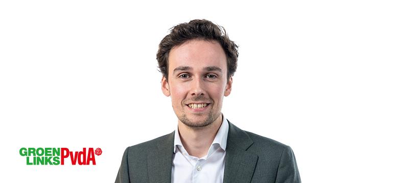 Foto Luc Stultiens met partijlogo GroenLinks-PvdA