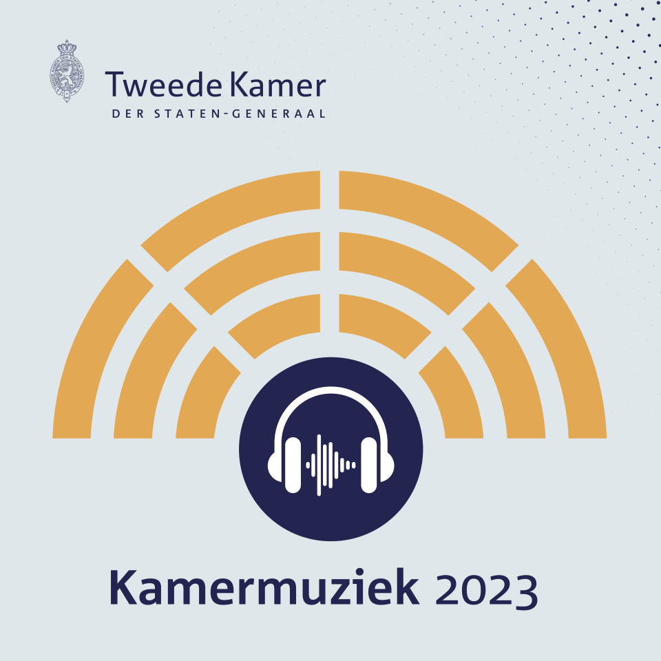 Een grafische weergave van de plenaire zaal met daarin een koptelefoon waaruit muziek komt.