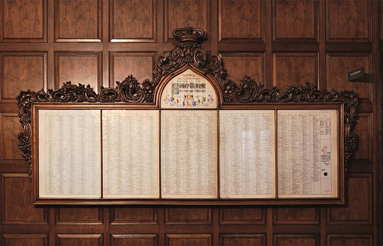 Houten wand met de Lijst van Gedeputeerden.