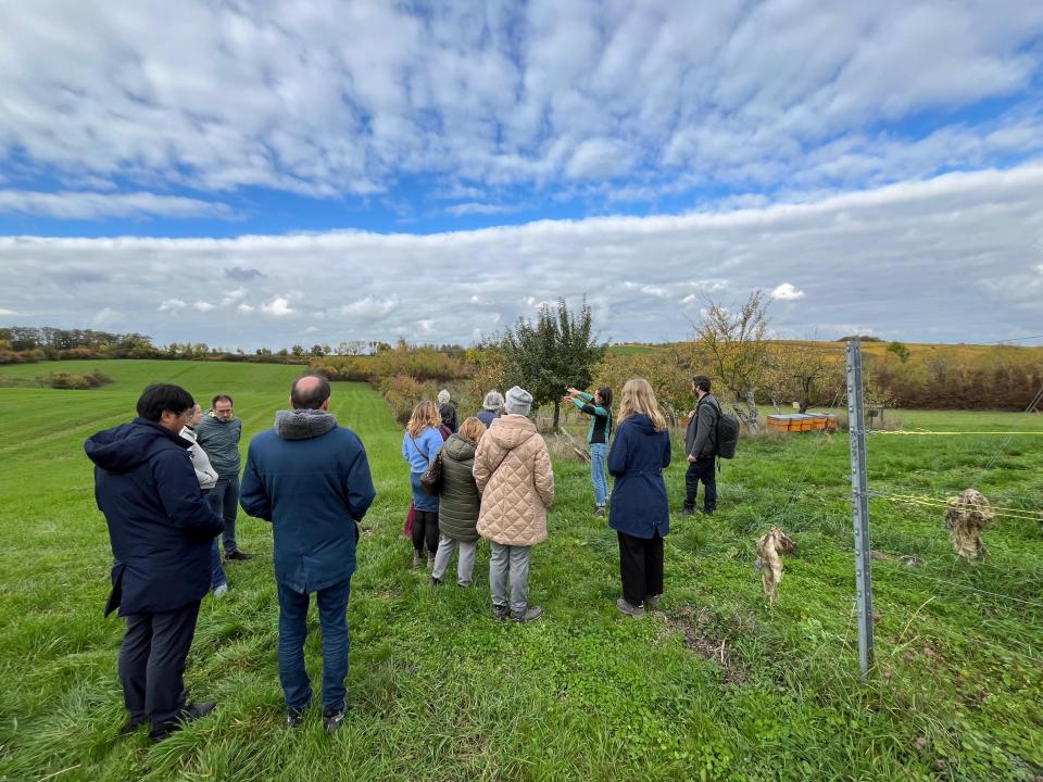 De aanwezigen zijn op werkbezoek in Domaine Kox. Ze staan met z'n allen buiten in een weiland.