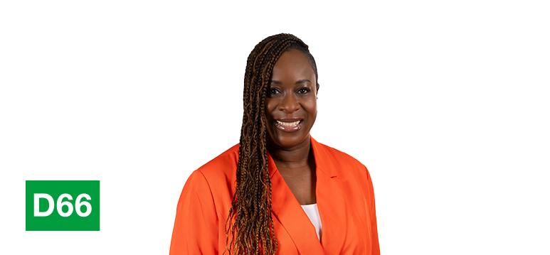 Portretfoto Anouschka Biekman met partijlogo D66