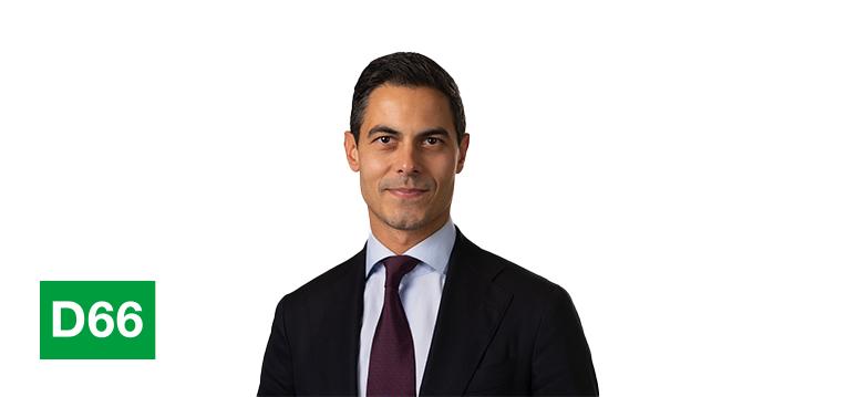 Portretfoto Rob Jetten met partijlogo D66