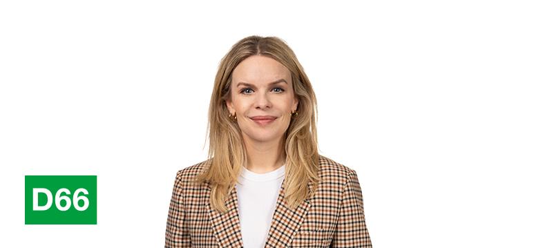 Portretfoto van der Werf met partijlogo D66.