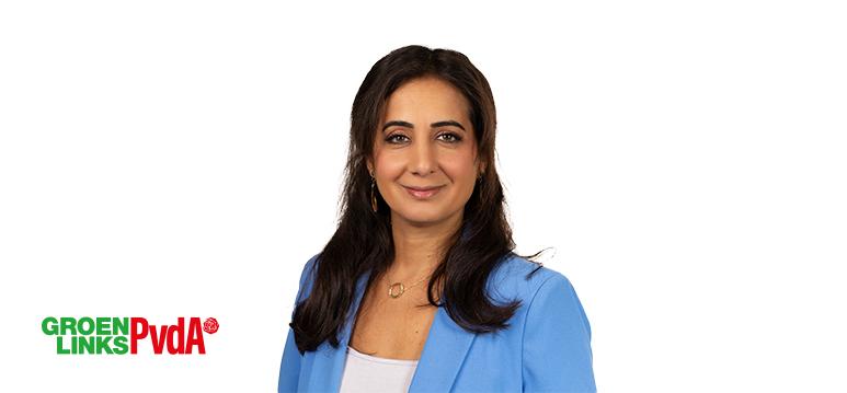 Portretfoto Songül Mutluer met partijlogo GroenLinks-PvdA