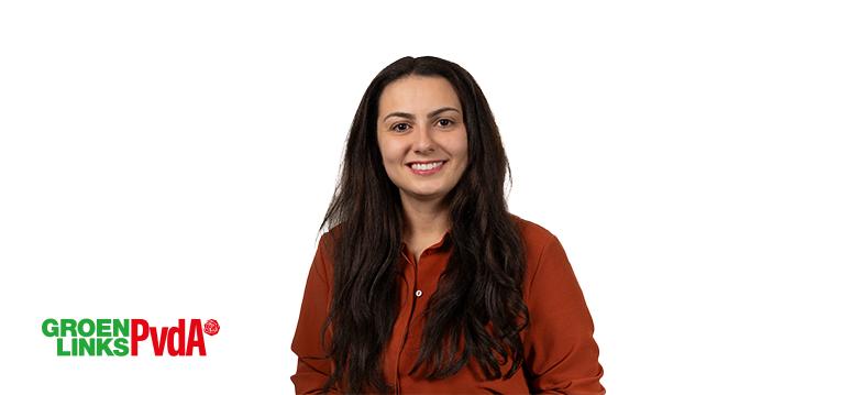 Portretfoto Ani Zalinyan met partijlogo GroenLinks-PvdA