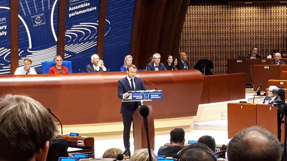 President Macron spreekt de vergadering van de PACE toe, oktober 2019