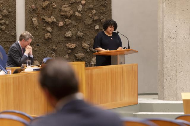 Indiener Kim van Eekelen licht het burgerinitiatief vanachter het spreekgestoelte toe in de plenaire zaal