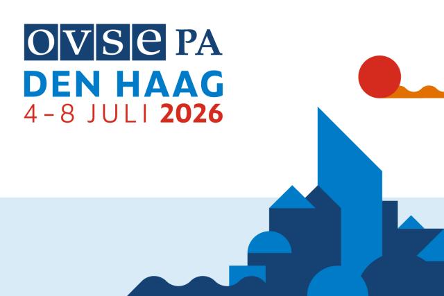 Grafisch beeld met de skyline van Den Haag en de tekst OVSE PA Den Haag 4-8 juli 2026.