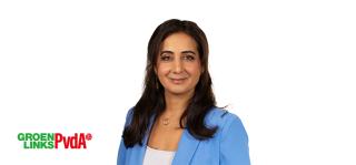 Portretfoto Songül Mutluer met partijlogo GroenLinks-PvdA