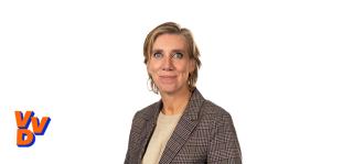 Portretfoto Ingrid Michon Derkzen met partijlogo VVD